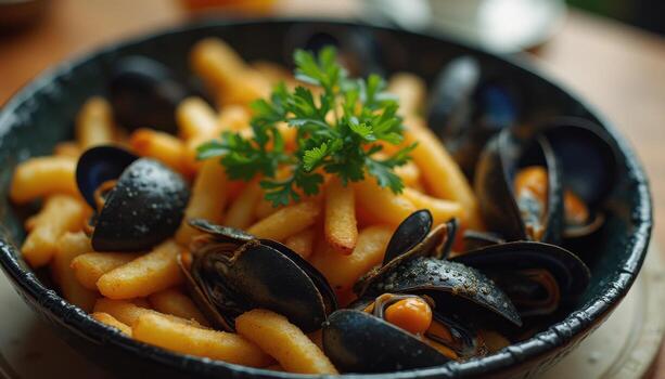 A bowl of mussels and fries on a table photo