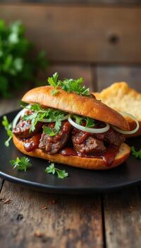 A sandwich with meat and onions on a plate photo