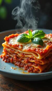 un apilar de lasaña en un plato con fumar viniendo fuera de eso foto