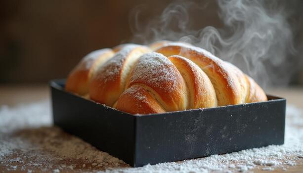 A loaf of bread in a black box with smoke coming out photo