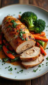 A plate of chicken, carrots and broccoli on a table photo