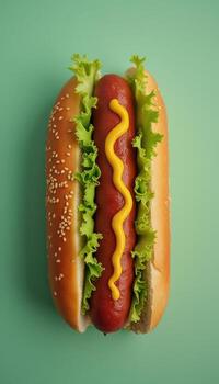 Hot dog on a bun with ketchup and lettuce photo