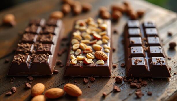 Chocolate bars with nuts and nuts on a wooden table photo