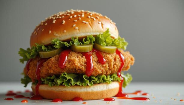A chicken sandwich with ketchup and pickles photo