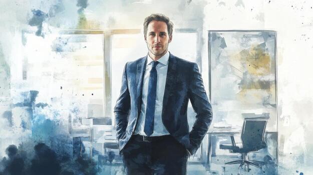 A man in a suit and tie standing in front of a large window photo