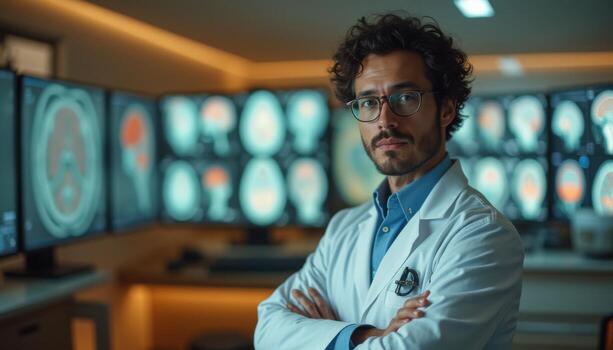 A man in a lab coat standing in front of multiple mri screens photo