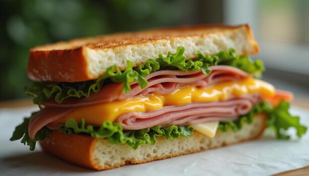 A sandwich with ham, cheese and lettuce photo