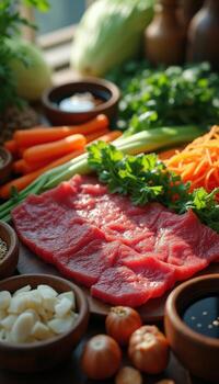 A table with a bunch of vegetables and meat on it photo