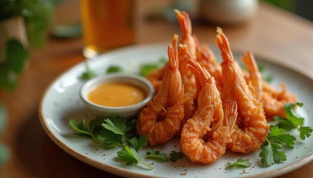 A plate of shrimp with a dipping sauce photo