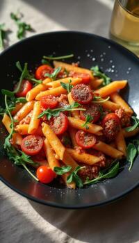 Penne with sausage and tomatoes photo