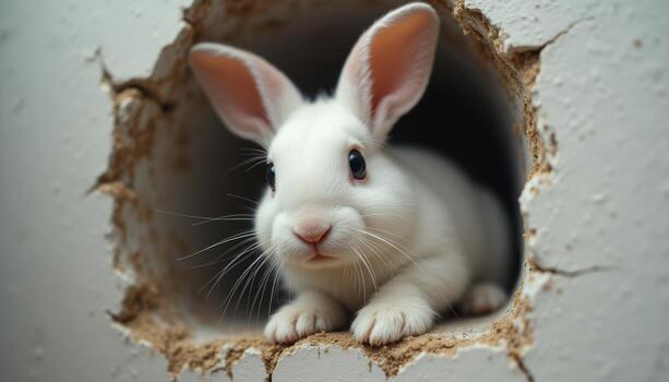 un blanco Conejo echar un vistazo fuera desde un agujero en un pared foto
