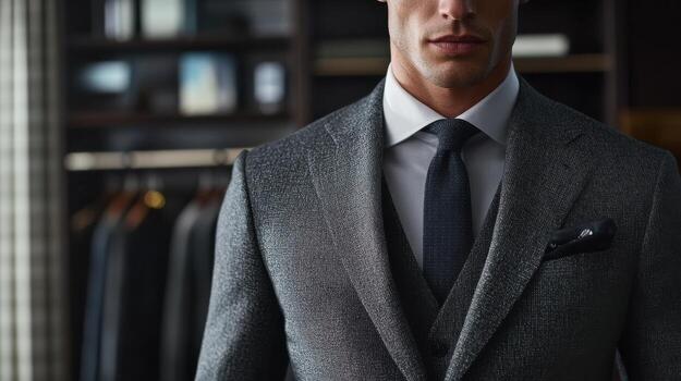 A man in a suit is standing in front of a closet photo