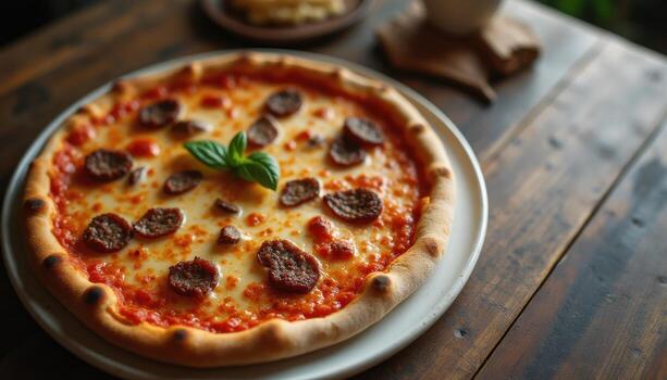 A pizza on a plate on a table photo