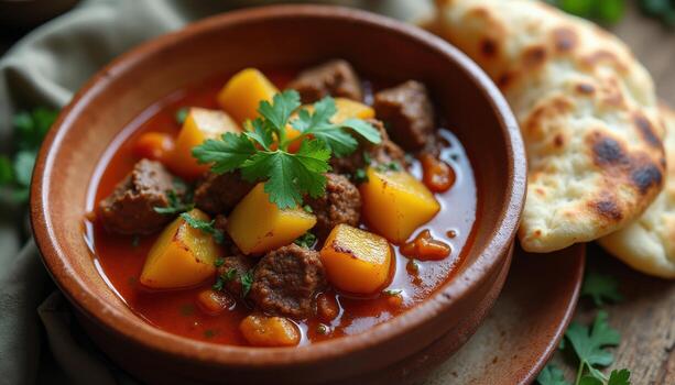 un cuenco de estofado con carne y patatas en un mesa foto