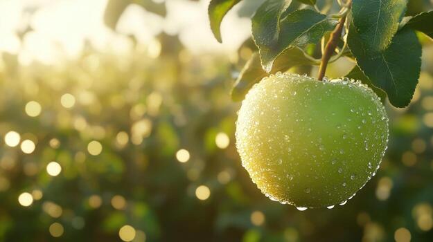 An apple is hanging from a tree with water droplets on it photo