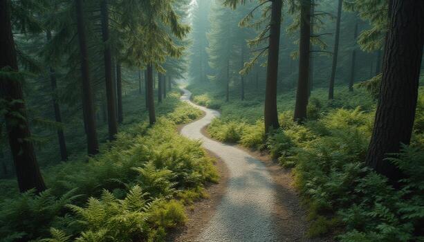 A path in the middle of a forest with trees photo