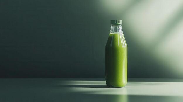 A bottle of green juice sitting on a table photo