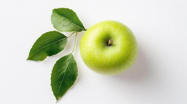 Green apple with leaf on white background photo