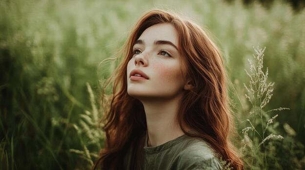 un hermosa pelirrojo mujer en un campo foto