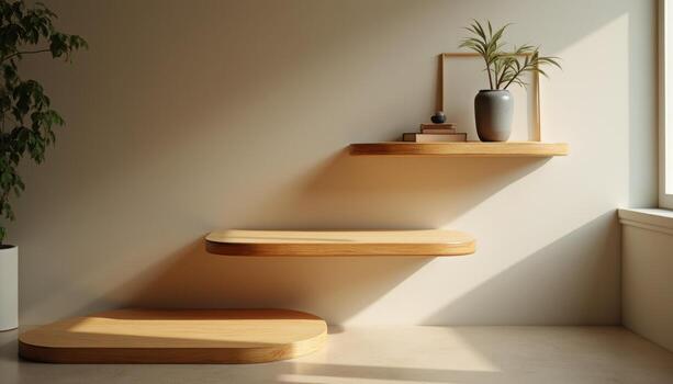 A wooden shelf with a plant on it photo