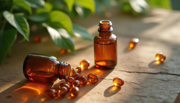 Two bottles of vitamin c oil on a wooden table photo