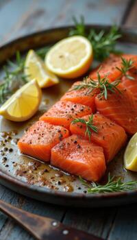 salmón con limón y Romero en un plato foto