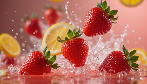 Strawberries and lemon slices are splashing in water photo
