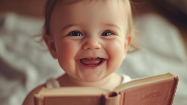 un bebé es sonriente mientras participación un libro foto