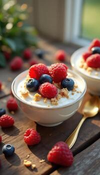 Two bowls of yogurt with berries and granola photo
