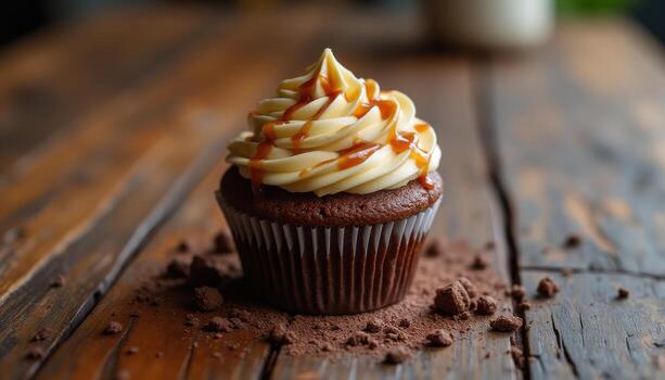A chocolate cupcake with caramel frosting on top photo