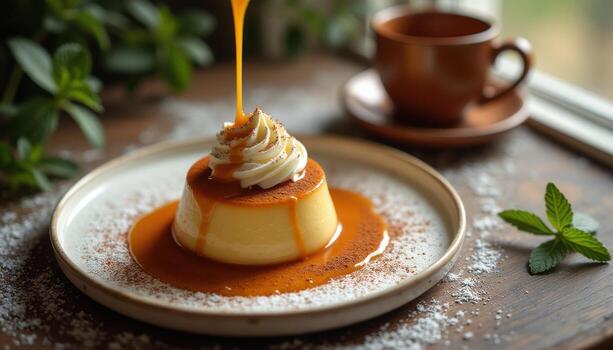 Flan being poured over a dessert on a plate photo