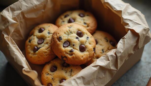 chocolate chip galletas en un marrón papel bolso foto