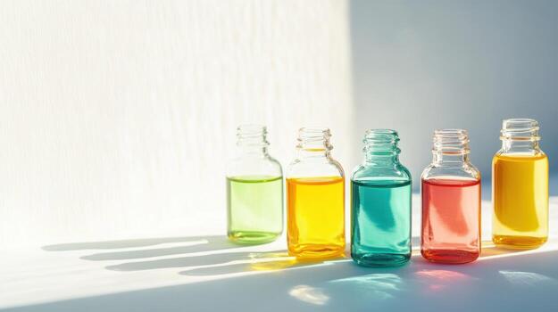 Colorful bottles of essential oils on a white surface photo