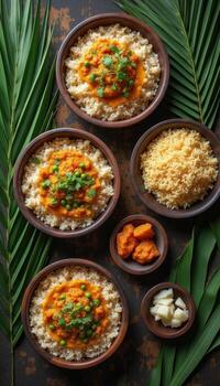 Indian curry with rice and vegetables on a dark background photo