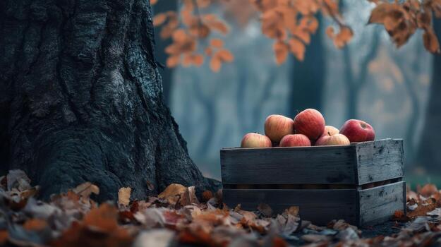 Apples in a wooden crate on the ground photo