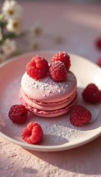 A pink macaron with raspberries on a white plate photo