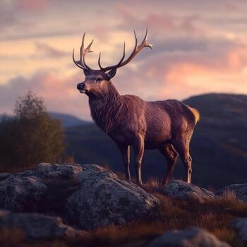 un ciervo soportes en un colina con un puesta de sol en el antecedentes foto
