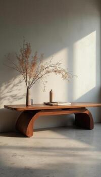 A table with a vase on it in front of a window photo