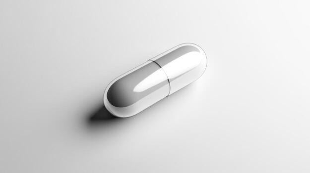 A pill on a white surface with a reflection photo