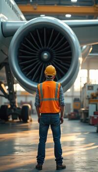 A man in an orange vest standing in front of an airplane engine photo