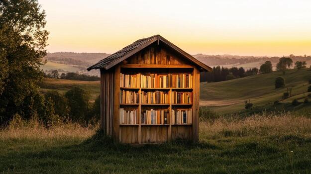 un libro estante en el medio de un campo foto