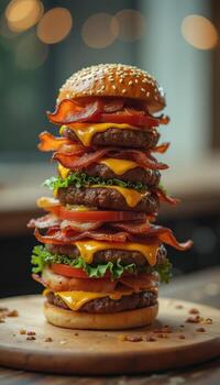 A large stack of bacon, cheese and lettuce on a hamburger photo