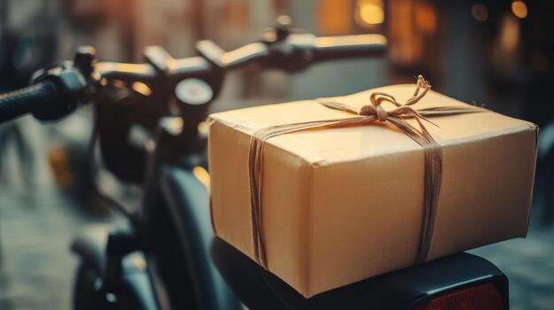 A package on a motorcycle with a bow tied to it photo