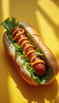 A hot dog with ketchup and lettuce on a yellow background photo