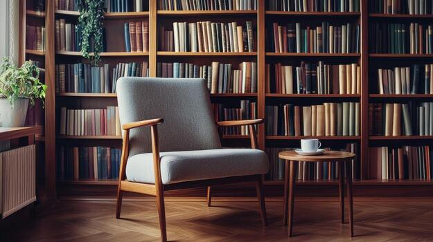 un silla y mesa en frente de un estante para libros foto