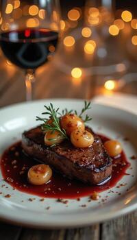 un filete con vino y guarnaciones en un plato foto