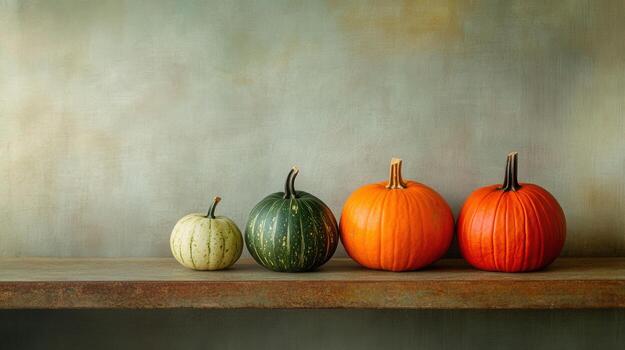 cinco calabazas son forrado arriba en un estante foto