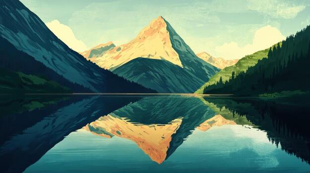 A painting of a mountain reflecting in a lake photo