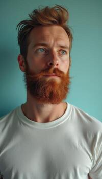 A man with a red beard and a white t - shirt photo