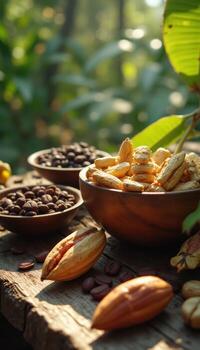 Cocoa beans, nuts and coffee beans on a wooden table photo